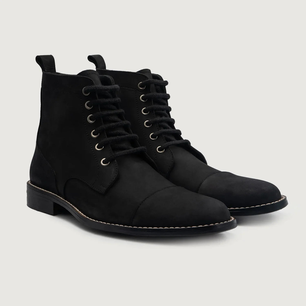Knight Derby Black Nubuck Leather Boots For Men in Black Full-Grain Leather - Lateral Side Profile View | Buy Online