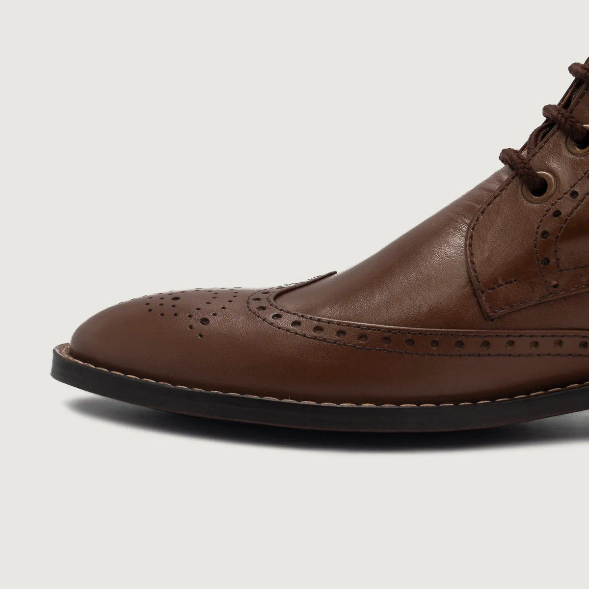 Close-Up Detail of Classic Collar & Heavy-Duty Zipper Hardware on Duster Brogues Derby Brown Leather Boots