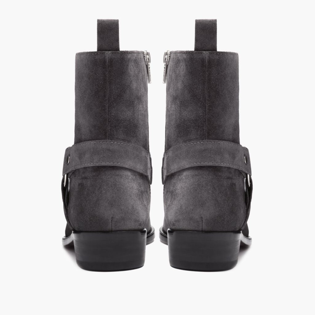 High-Traction Rubber Outsole & Lug Tread Pattern on Harness Grey Suede Leather Boots