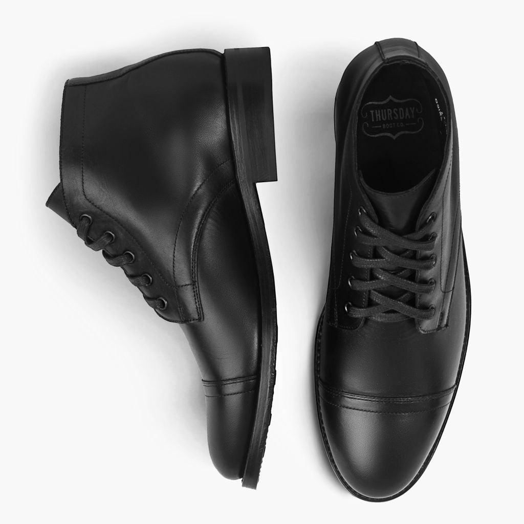 Cadet Black Leather Boots - Reinforced Heel Counter & Precision Double-Row Stitching Detail