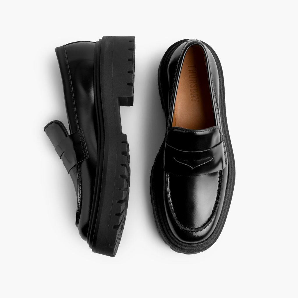 Women's Penny Platform Black Leather Loafers - Reinforced Heel Counter & Precision Double-Row Stitching Detail