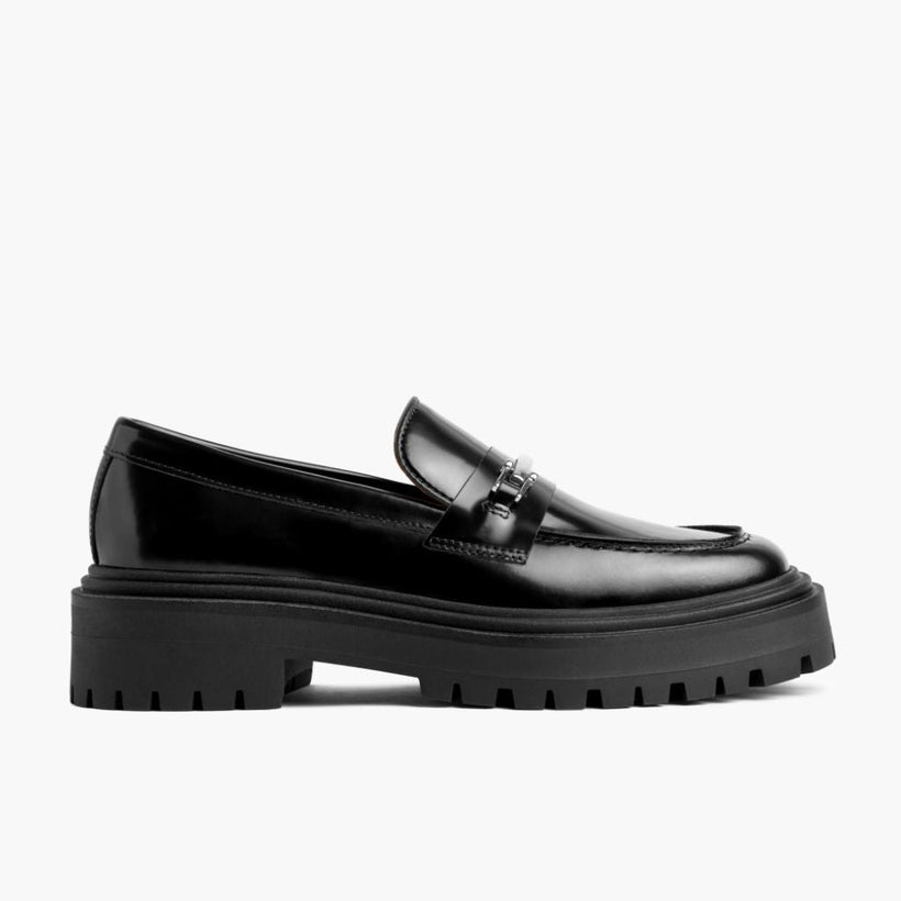 Penny Platform Black & Silver Leather Loafers