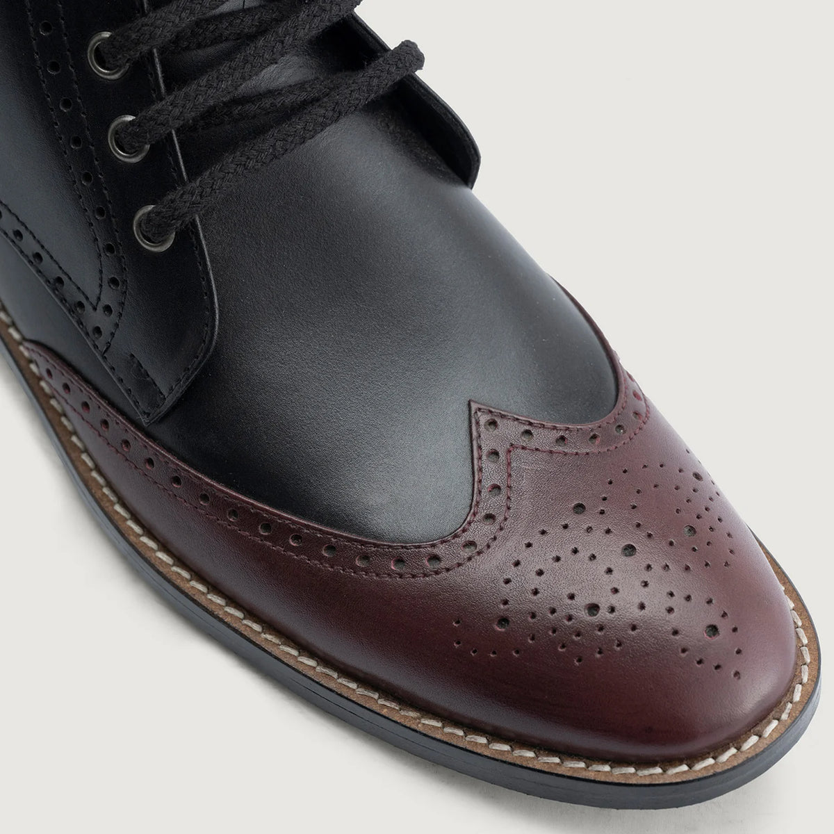 Close-Up Detail of Classic Collar & Heavy-Duty Zipper Hardware on Duster Brogues Derby Maroon Black Leather Boots StudGuard For Men