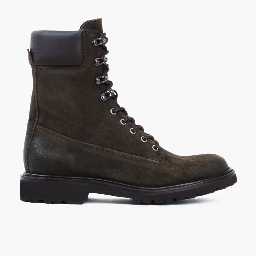 Olive Goatskin Suede Leather Boots - Goodyear Welt Construction & Front Toe Box Detail