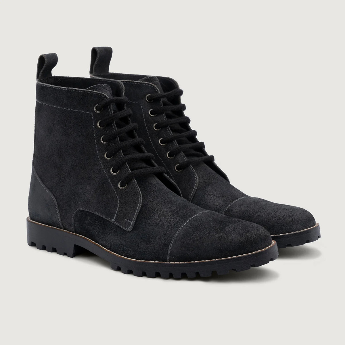 Knight Derby Grey Suede Leather Boots - TerraGrip in Distressed Grey Goatskin Suede - Lateral Side Profile View | Buy Online
