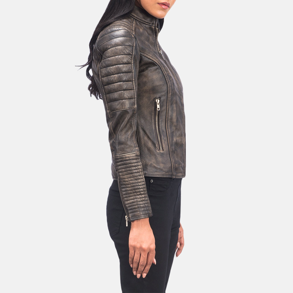
Distressed Brown Goatskin Leather Biker Jacket - Back View Showing Tailored Shoulder Fit & Clean Hemline
