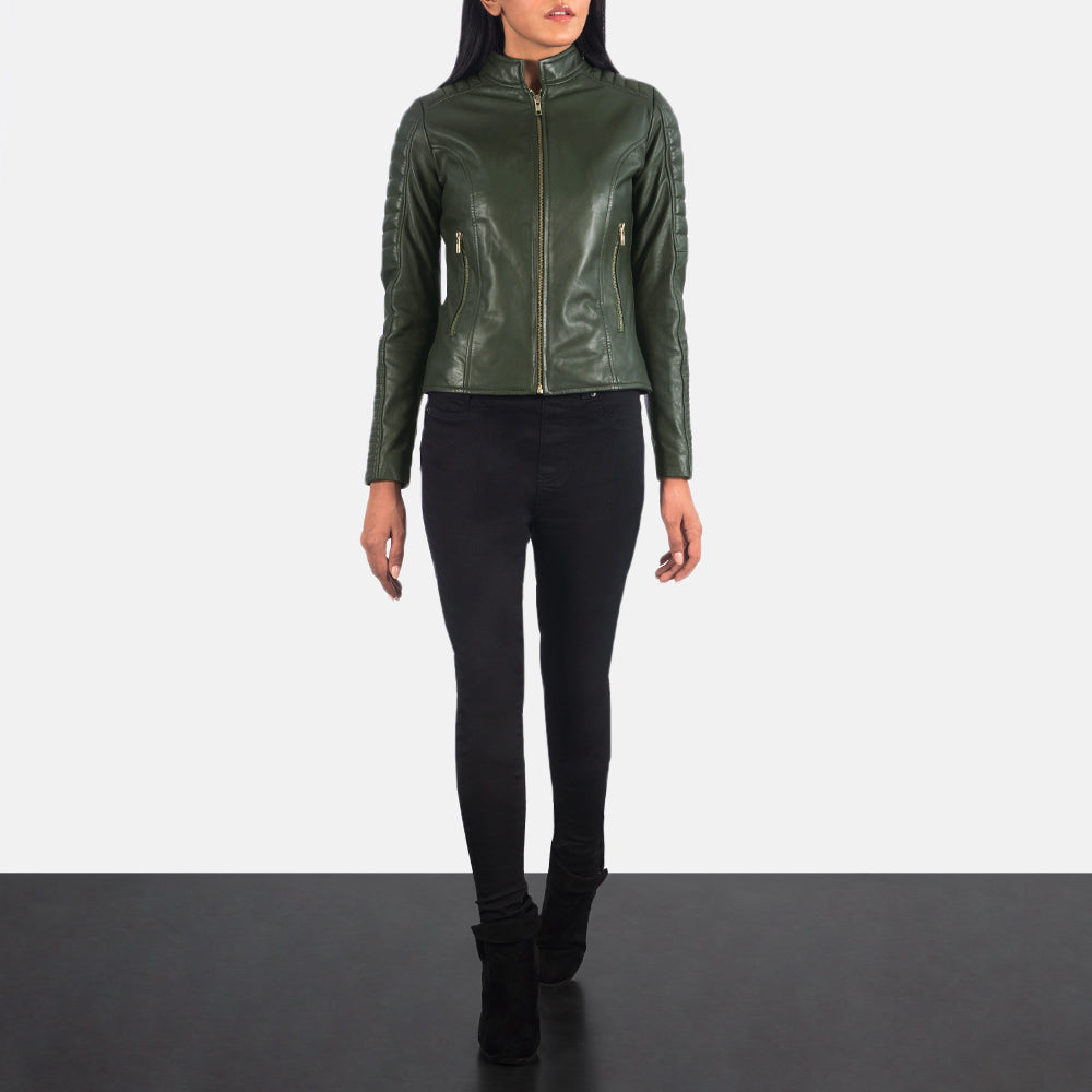 Women's Adalyn Quilted Green Leather Biker Jacket - Lateral Side Profile View Showing Sleeve Cut &amp; Athletic Taper Fit