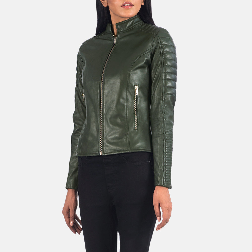 Close-Up Detail of Band &amp; Zipper Hardware on Women's Adalyn Quilted Green Leather Biker Jacket