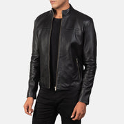 Black Sheepskin Leather Biker Jacket - Back View Showing Tailored Shoulder Fit &amp; Clean Hemline