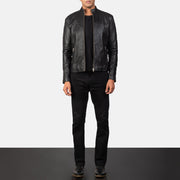 Close-Up Detail of Band &amp; Zipper Hardware on Men's Adornica Black Leather Biker Jacket