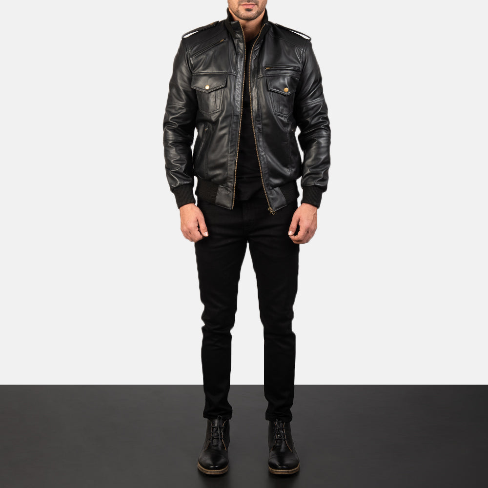 Men's Agent Shadow Black Leather Bomber Jacket - Lateral Side Profile View Showing Sleeve Cut &amp; Athletic Taper Fit