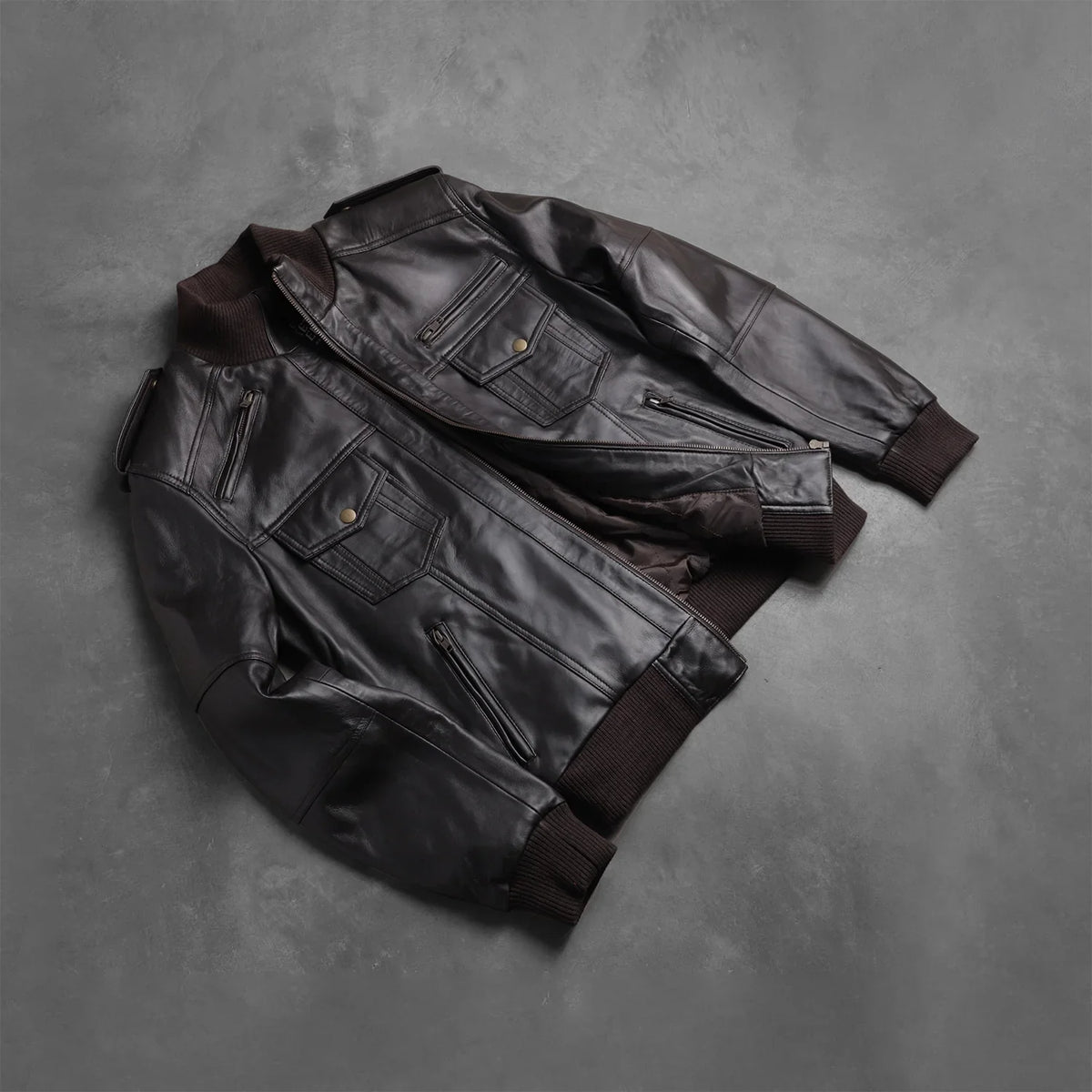 Rib knit &amp; Hem Craftsmanship Construction Detail on Men's Agent Shadow Brown Leather Bomber Jacket