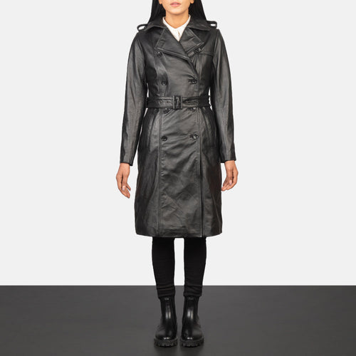 Women's Alice Black Double Breasted Leather Coat in Black Cowhide Leather - Front Profile View & Tailored Silhouette | Buy Online
