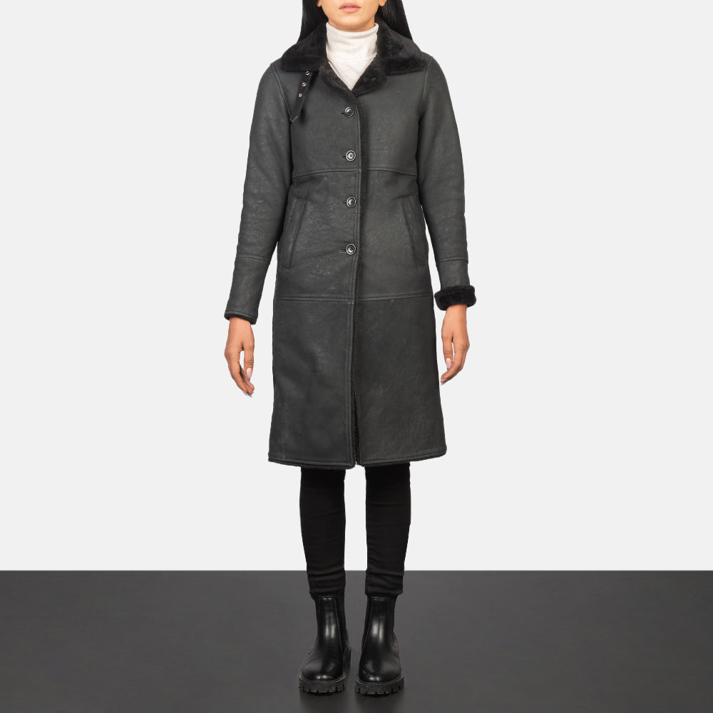 Women's Alina Shearling Black Leather Coat - Lateral Side Profile View Showing Sleeve Cut &amp; Athletic Taper Fit