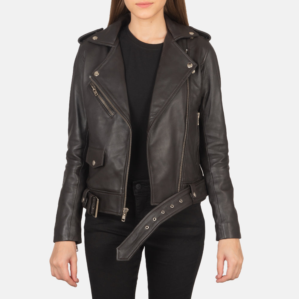 Women's Alison Brown Leather Biker Jacket in Brown Sheepskin Leather - Front Profile View &amp; Tailored Silhouette | Buy Online