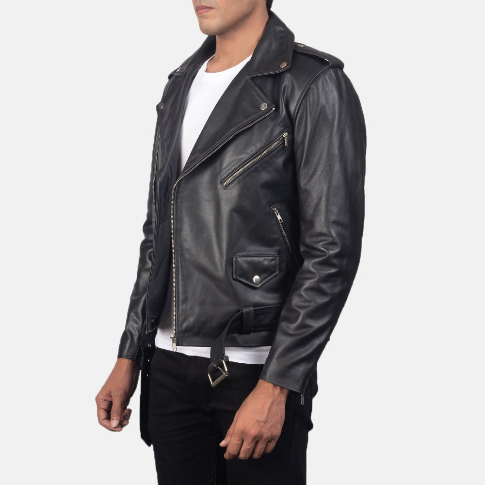 
Black Cowhide Leather Biker Jacket - Back View Showing Tailored Shoulder Fit & Clean Hemline