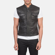 
Close-Up Detail of Band & Zipper with Button Flap Hardware on Men's Atlas Moto Brown Leather Vest