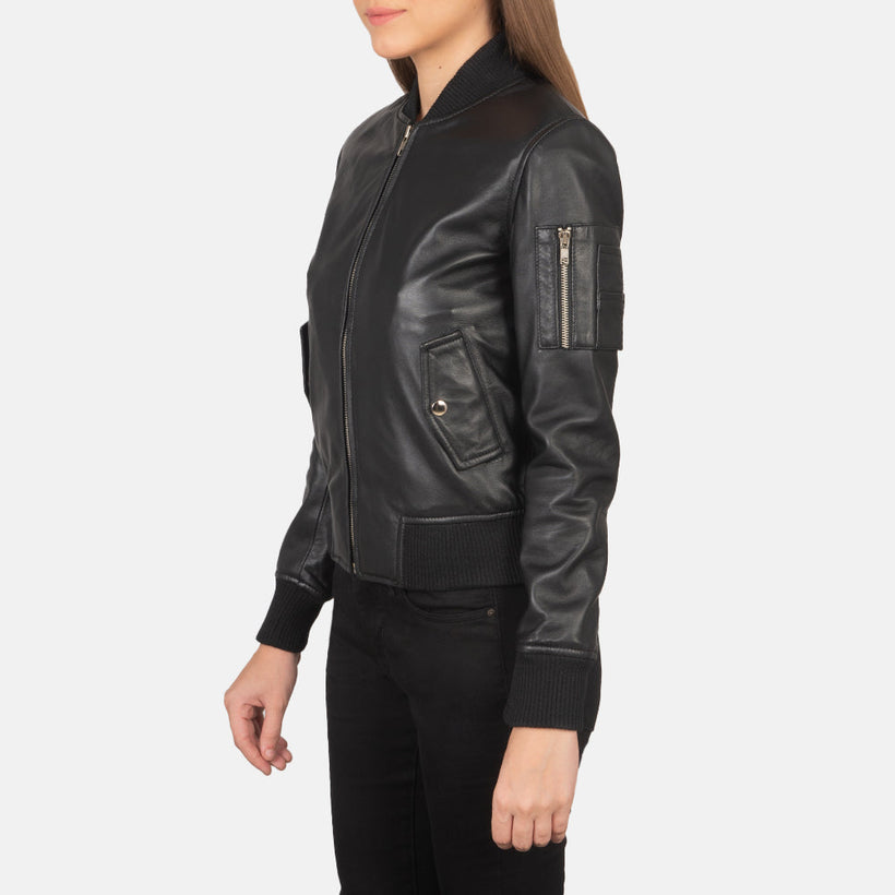 Ava MA-1 Black Leather Bomber Jacket