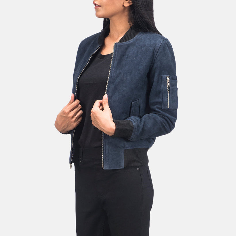 Ava MA-1 Blue Suede Bomber Jacket