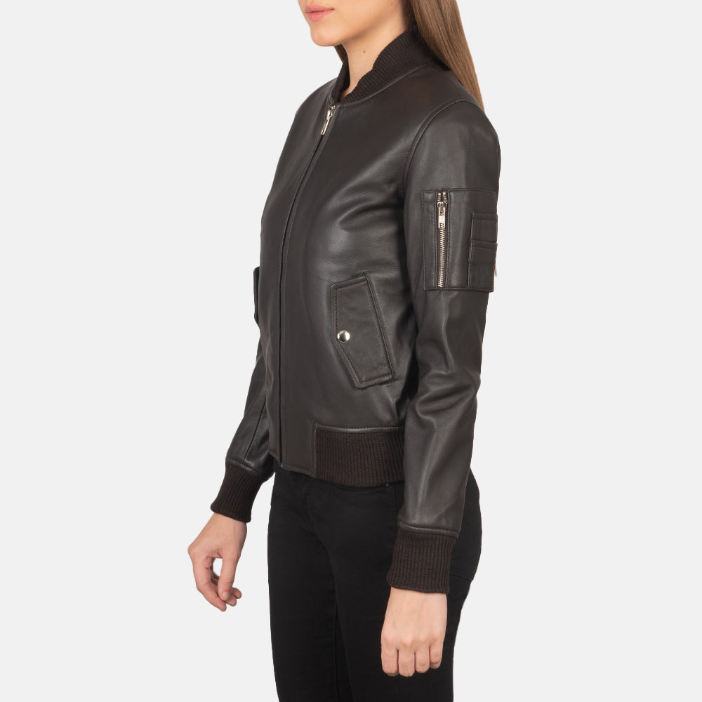 Brown Sheepskin Leather Bomber Jacket - Back View Showing Tailored Shoulder Fit &amp; Clean Hemline