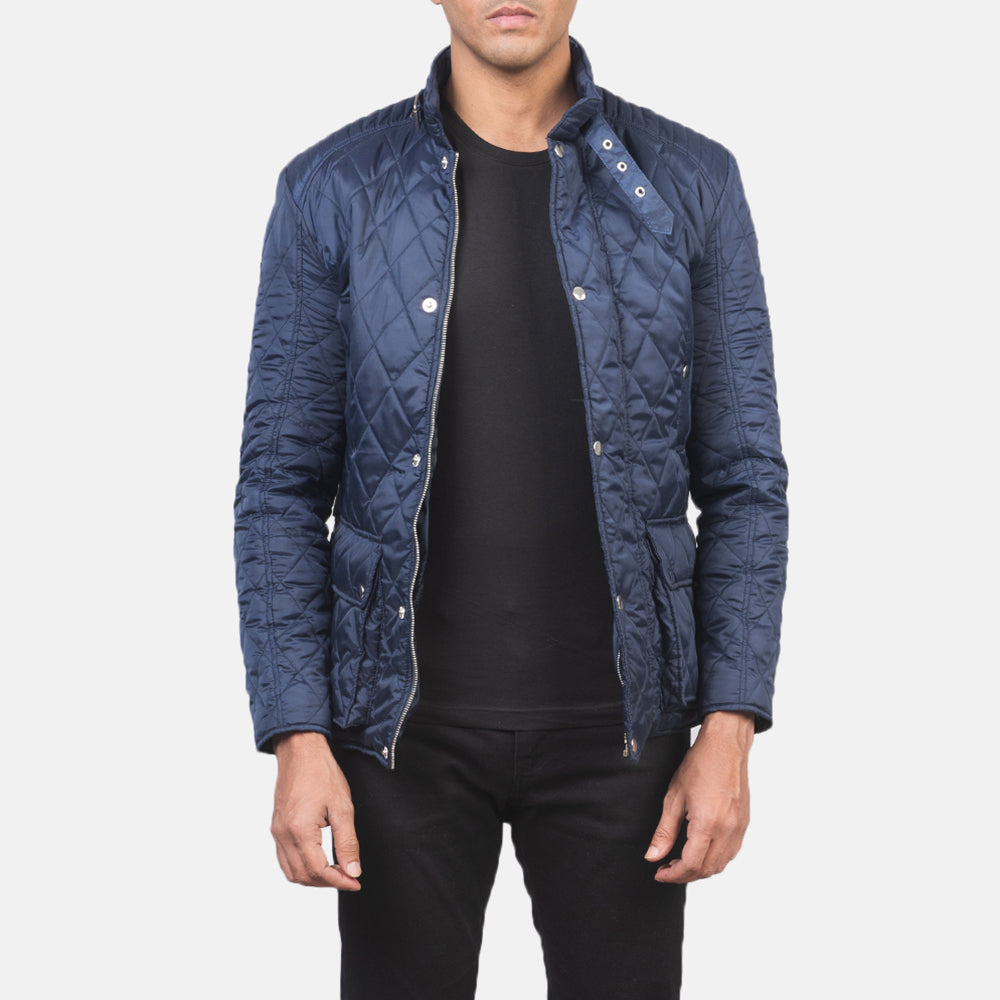 Men's Barry Quilted Blue Windbreaker Jacket in Blue Nylon - Front Profile View &amp; Tailored Silhouette | Buy Online