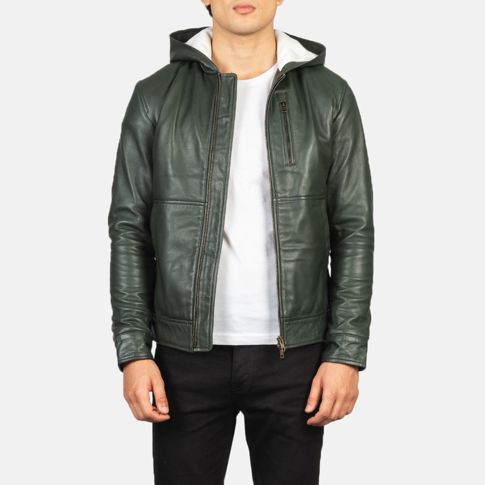 
Snap Button & Hem Craftsmanship Construction Detail on Men's Baston Black Hooded Leather Bomber Jacket
