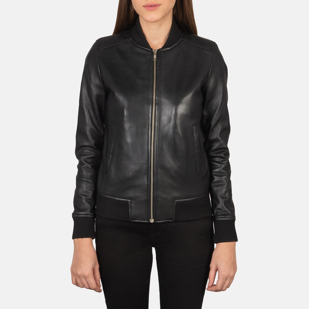 Close-Up Detail of Varsity - Rib Knit &amp; Zipper with Wind Flap Hardware on Women's Bliss Black Leather Bomber Jacket