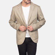 
Beige Poly-Cotton Leather Blazer - Back View Showing Tailored Shoulder Fit & Clean Hemline