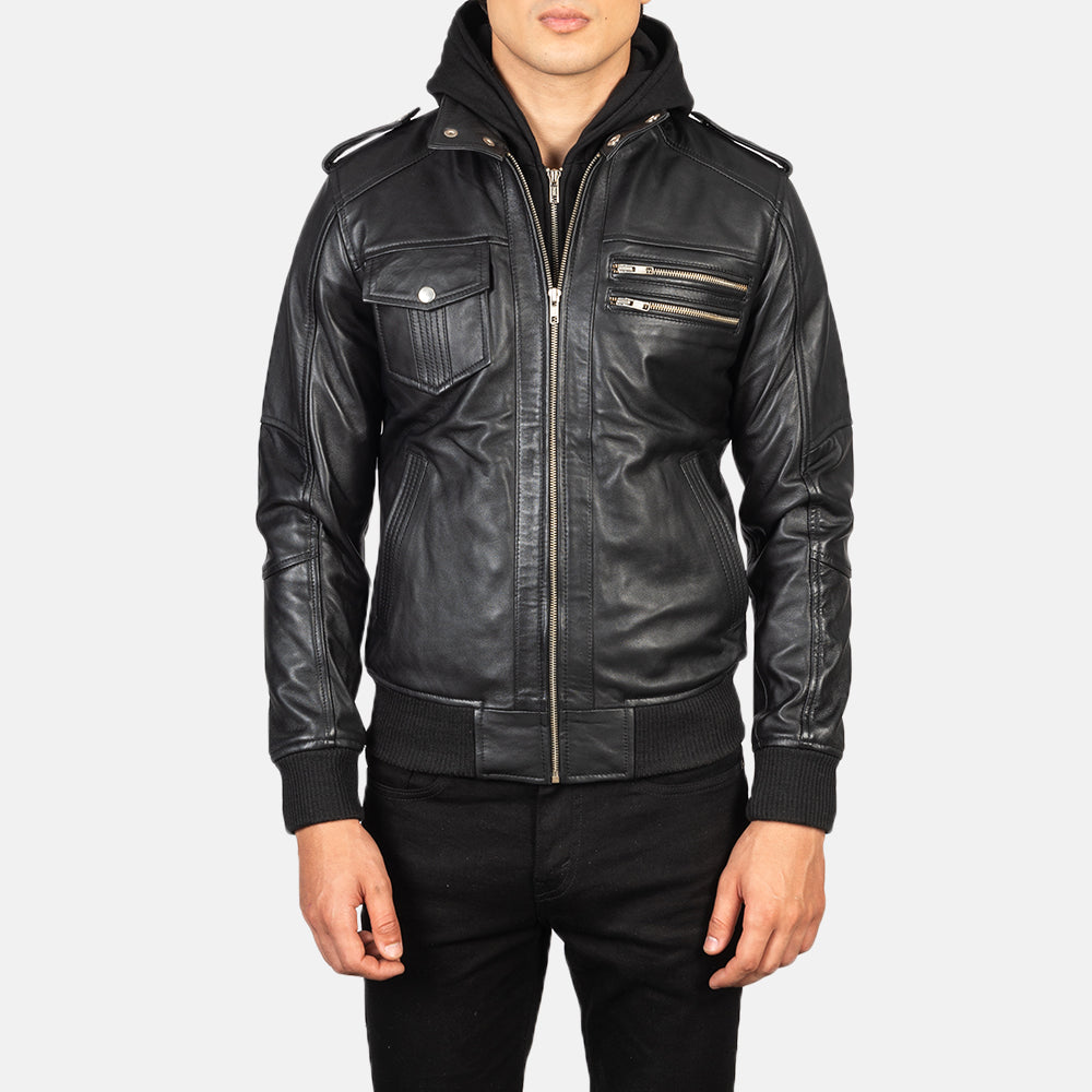 Close-Up Detail of High Neck & Zipper Hardware on Men's Bravado Black Hooded Leather Bomber Jacket