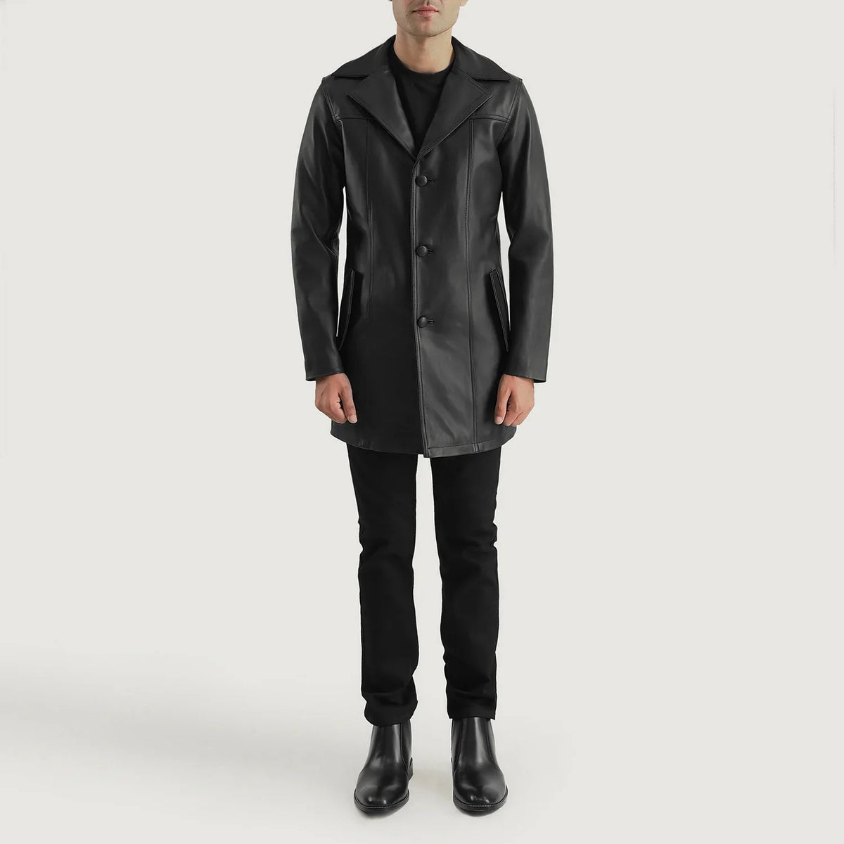 Brawnton Black Leather Coat - Lateral Side Profile View Showing Sleeve Cut &amp; Athletic Taper Fit
