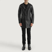 Brawnton Black Leather Coat - Lateral Side Profile View Showing Sleeve Cut &amp; Athletic Taper Fit