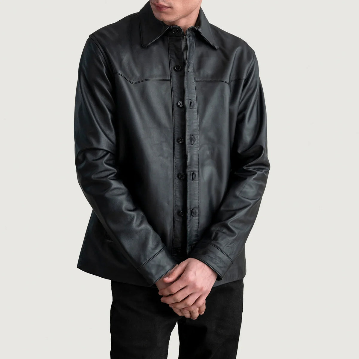 Bronco Black Leather Shirt in Black Sheepskin Leather - Front Profile View &amp; Tailored Silhouette | Buy Online