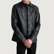 Bronco Black Leather Shirt in Black Sheepskin Leather - Front Profile View &amp; Tailored Silhouette | Buy Online