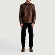 Close-Up Detail of Shirt & Buttons Hardware on Bronco Distressed Brown Leather Shirt
