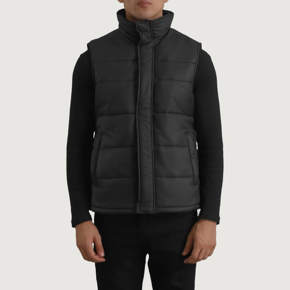 Close-Up Detail of Classic Collar &amp; Zipper With Placket Hardware on Bryan Black Puffer Vest