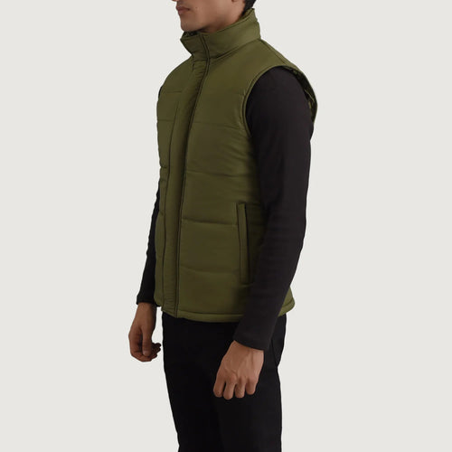 Green Full-Grain leather Vest - Back View Showing Tailored Shoulder Fit & Clean Hemline