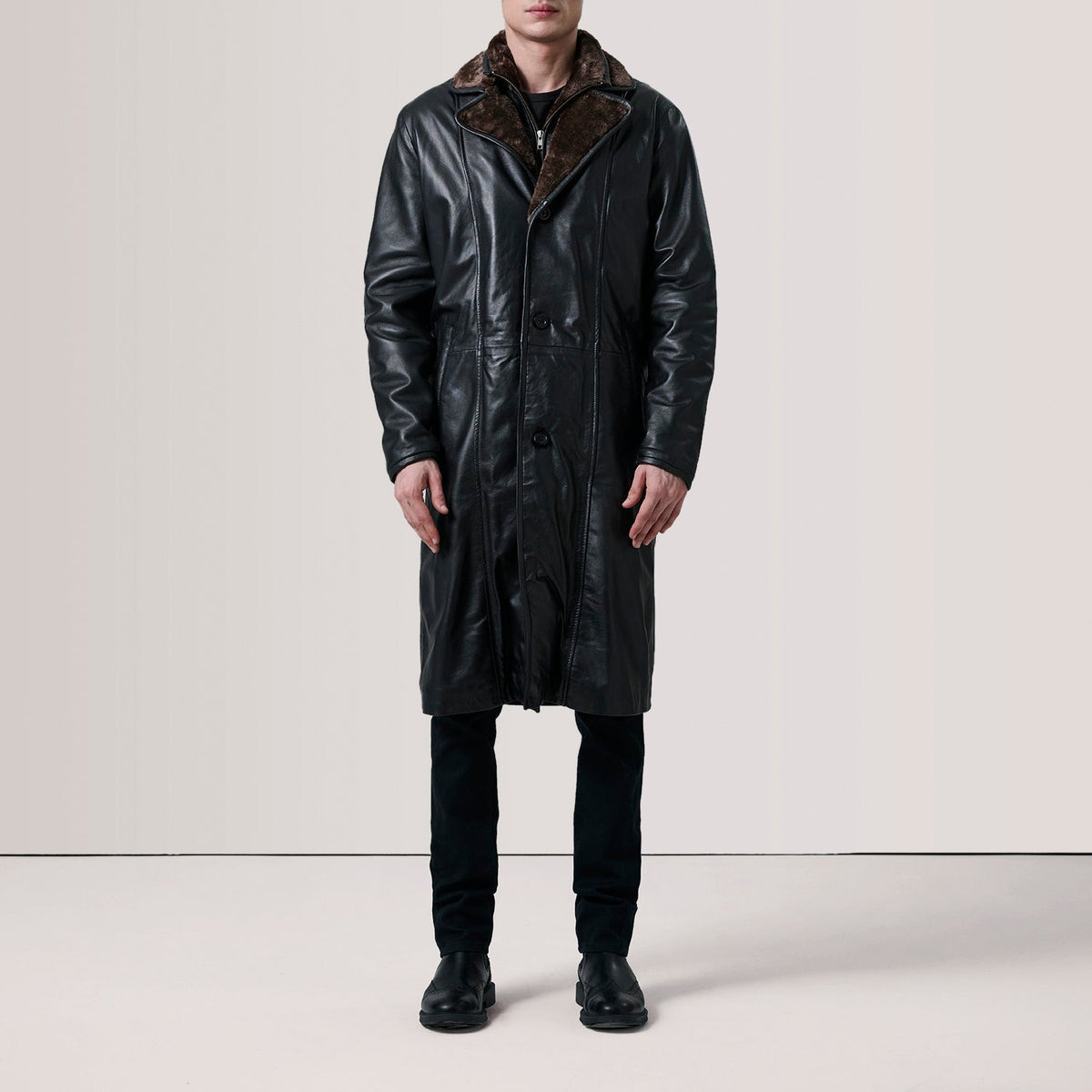 
Black Sheepskin Leather Aviator Jacket - Back View Showing Tailored Shoulder Fit & Clean Hemline