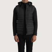 Carlo Black Hooded Puffer Vest in Black Full-Grain Leather - Front Profile View & Tailored Silhouette | Buy Online