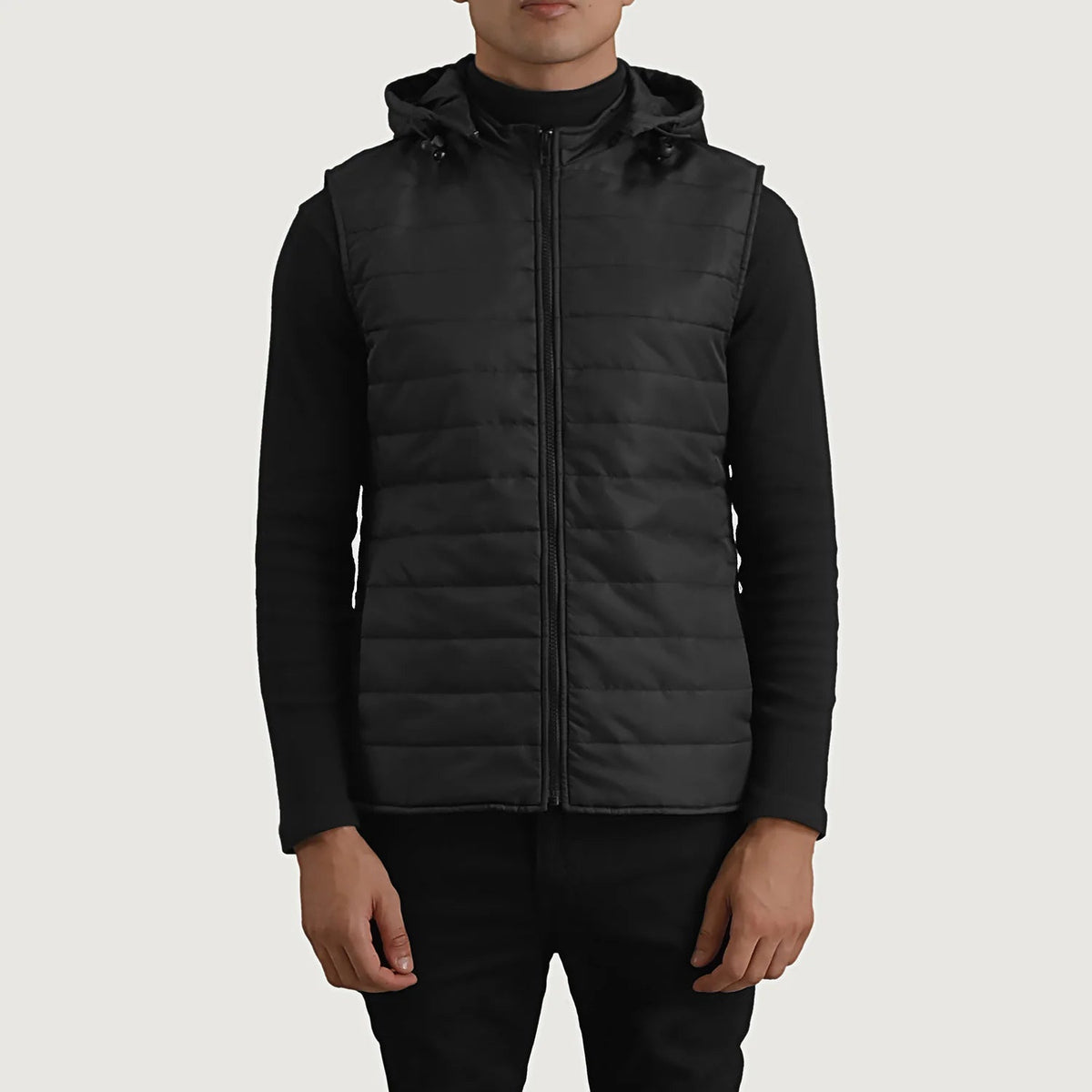 Close-Up Detail of Classic Collar & Zipper Hardware on Carlo Black Hooded Puffer Vest