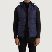 
Carlo Blue Hooded Puffer Vest in Blue Full-Grain Leather - Front Profile View & Tailored Silhouette | Buy Online