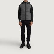 
Carlo Grey Hooded Puffer Vest - Lateral Side Profile View Showing Sleeve Cut & Athletic Taper Fit