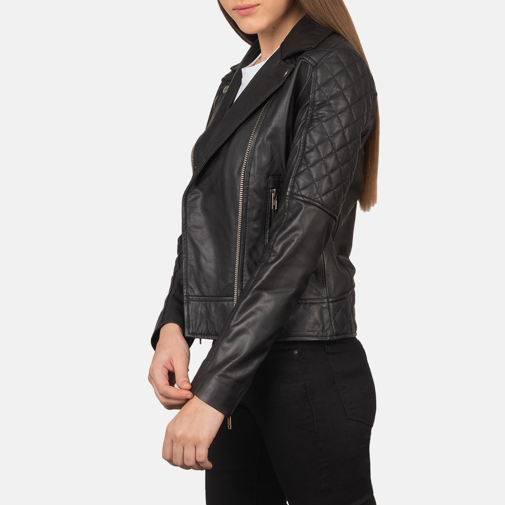 
Black Goatskin Leather Biker Jacket - Back View Showing Tailored Shoulder Fit & Clean Hemline