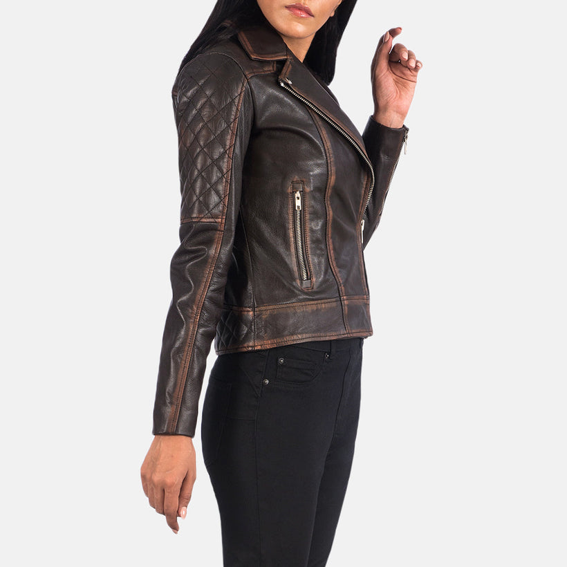 Carolyn Quilted Vintage Brown Leather Biker Jacket