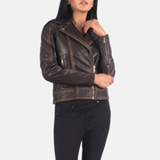 
Close-Up Detail of Notch & Zipper Hardware on Women's Carolyn Quilted Vintage Brown Biker Jacket