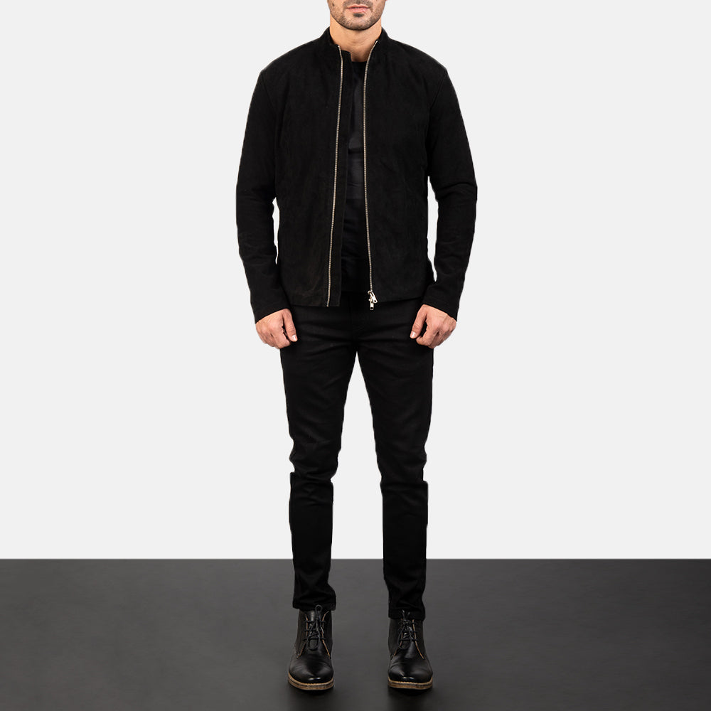 Men's Charcoal Black Suede Biker Jacket - Lateral Side Profile View Showing Sleeve Cut &amp; Athletic Taper Fit