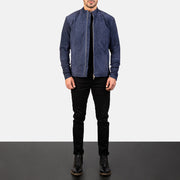
Men's Charcoal Navy Blue Suede Biker Jacket - Lateral Side Profile View Showing Sleeve Cut & Athletic Taper Fit