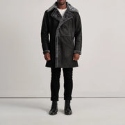 Charles Brown Suede Leather Shearling Double-Breasted Coat - Lateral Side Profile View Showing Sleeve Cut &amp; Athletic Taper Fit