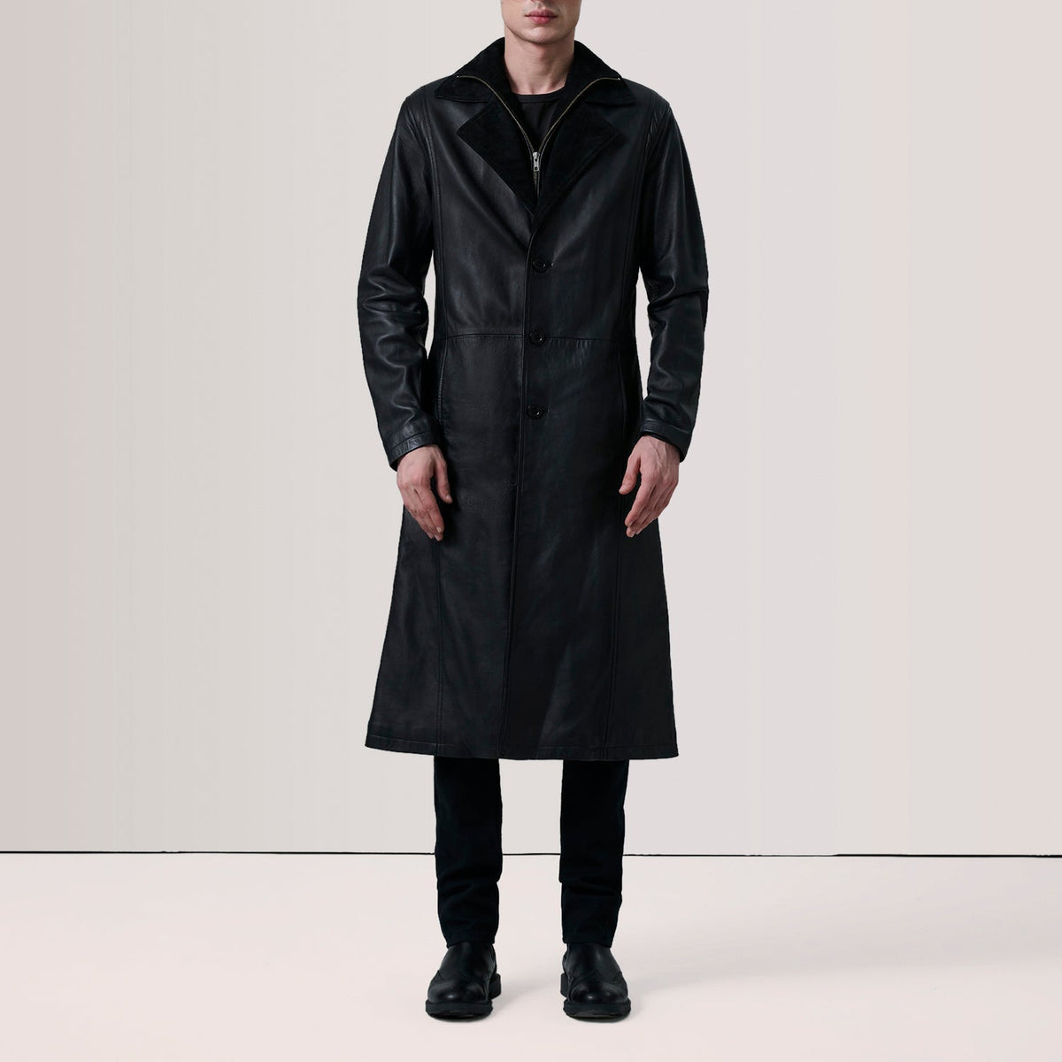 
Black Sheepskin leather Coat - Back View Showing Tailored Shoulder Fit & Clean Hemline
