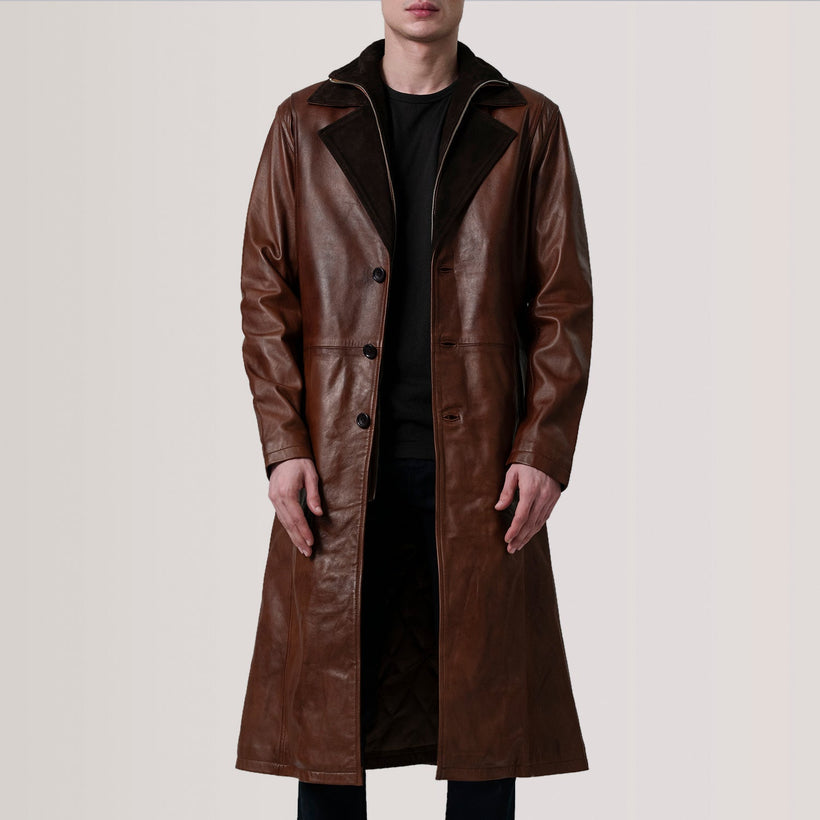 Charlton Waxed Brown Leather Single Breasted Coat For Men in Distressed Brown Sheepskin Burnished - Front Profile View & Tailored Silhouette | Buy Online