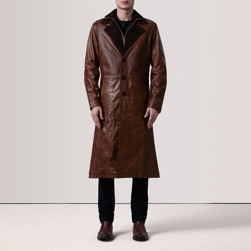 Distressed Brown Sheepskin Burnished Leather Coat - Back View Showing Tailored Shoulder Fit & Clean Hemline